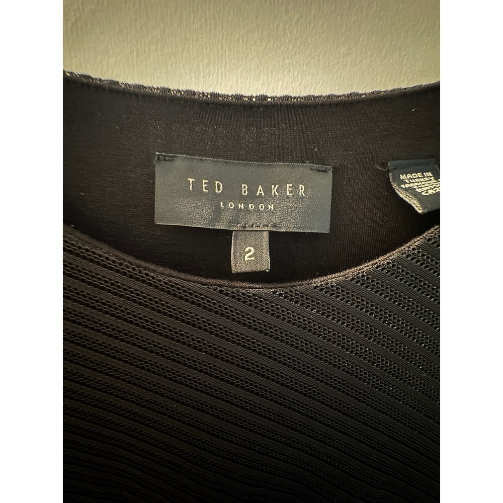 Ted Baker London Black Mesh Ruched Midi Dress Long Sleeve‎ Chevron Size 2 - Picture 4 of 6